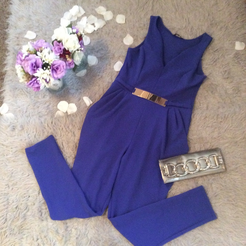 Royal blue stunning jumpsuit with gold buckle